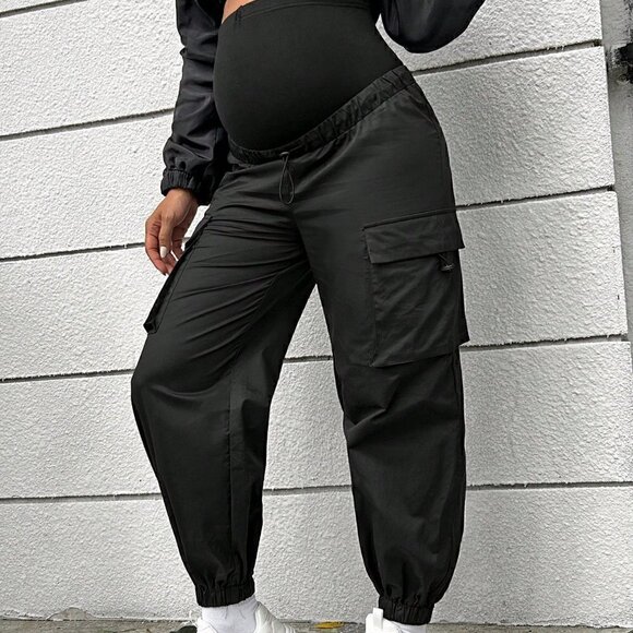Black Casual Womens Maternity Flap Pocket Side Adjustable Waist Cargo Pants - Picture 5 of 6
